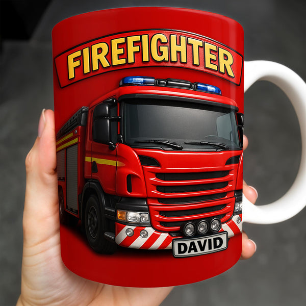 Firefighter Red Coffee Mug Featuring Personalized Fire Truck Design