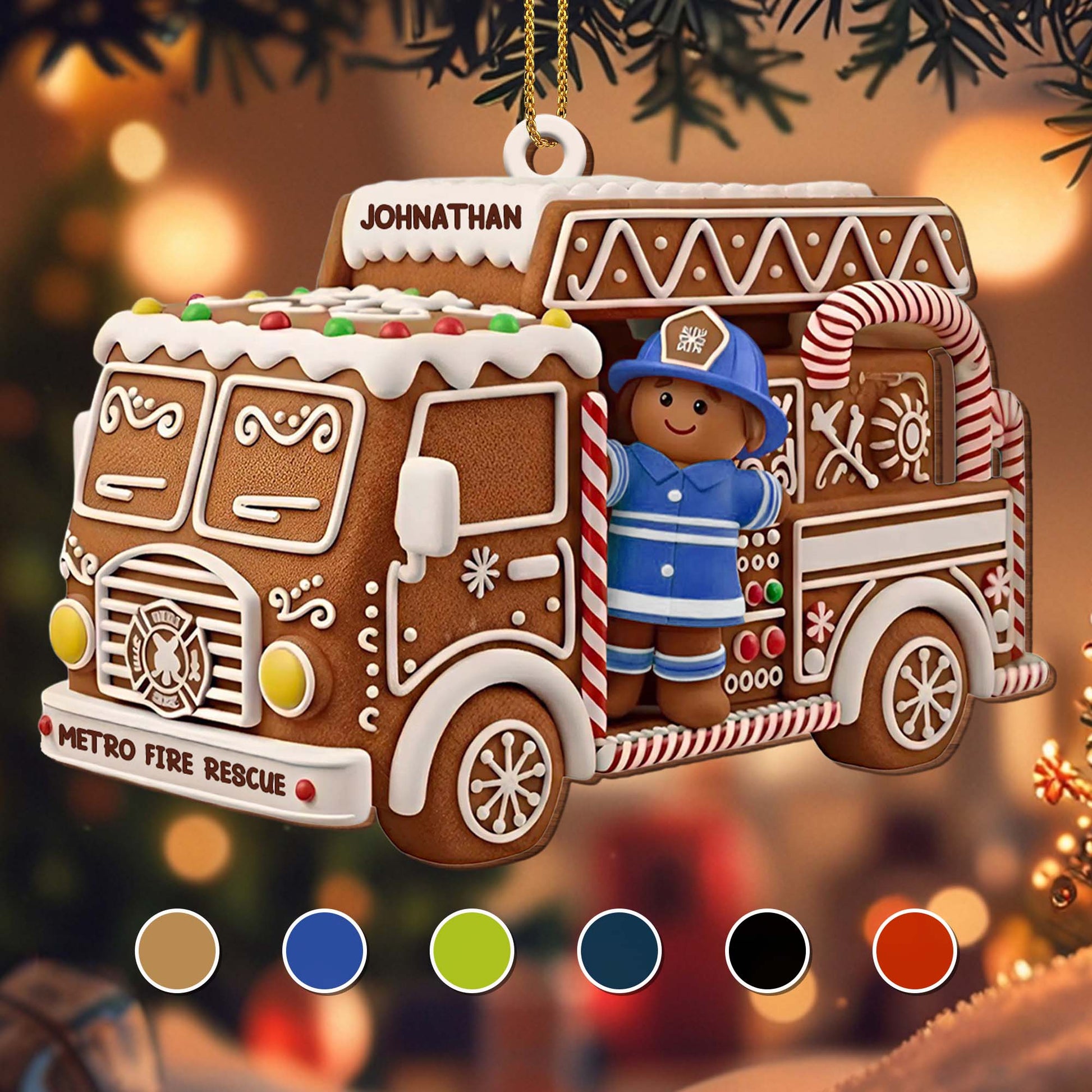 Festive Fire Truck Ornament With Firefighter