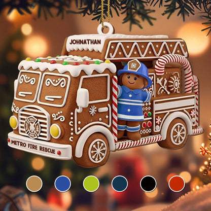 Festive Fire Truck Ornament With Firefighter