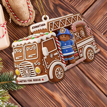 Festive Fire Truck Ornament With Firefighter