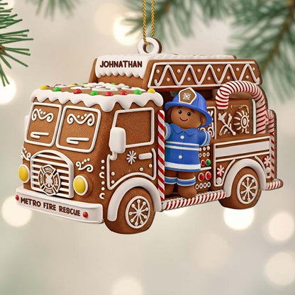 Festive Fire Truck Ornament With Firefighter