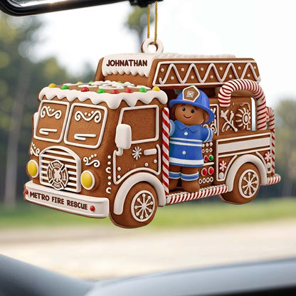 Festive Fire Truck Ornament With Firefighter