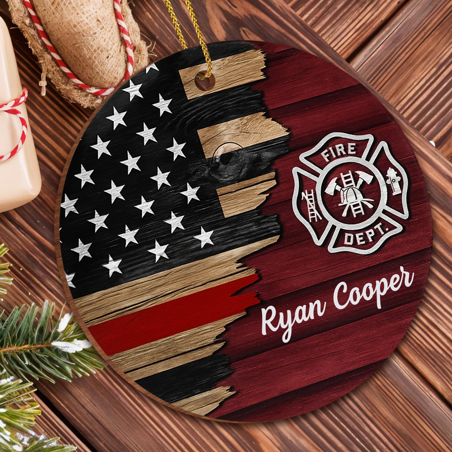 Fire Dept. Custom Wood Ornament Featuring American Flag And Emblem