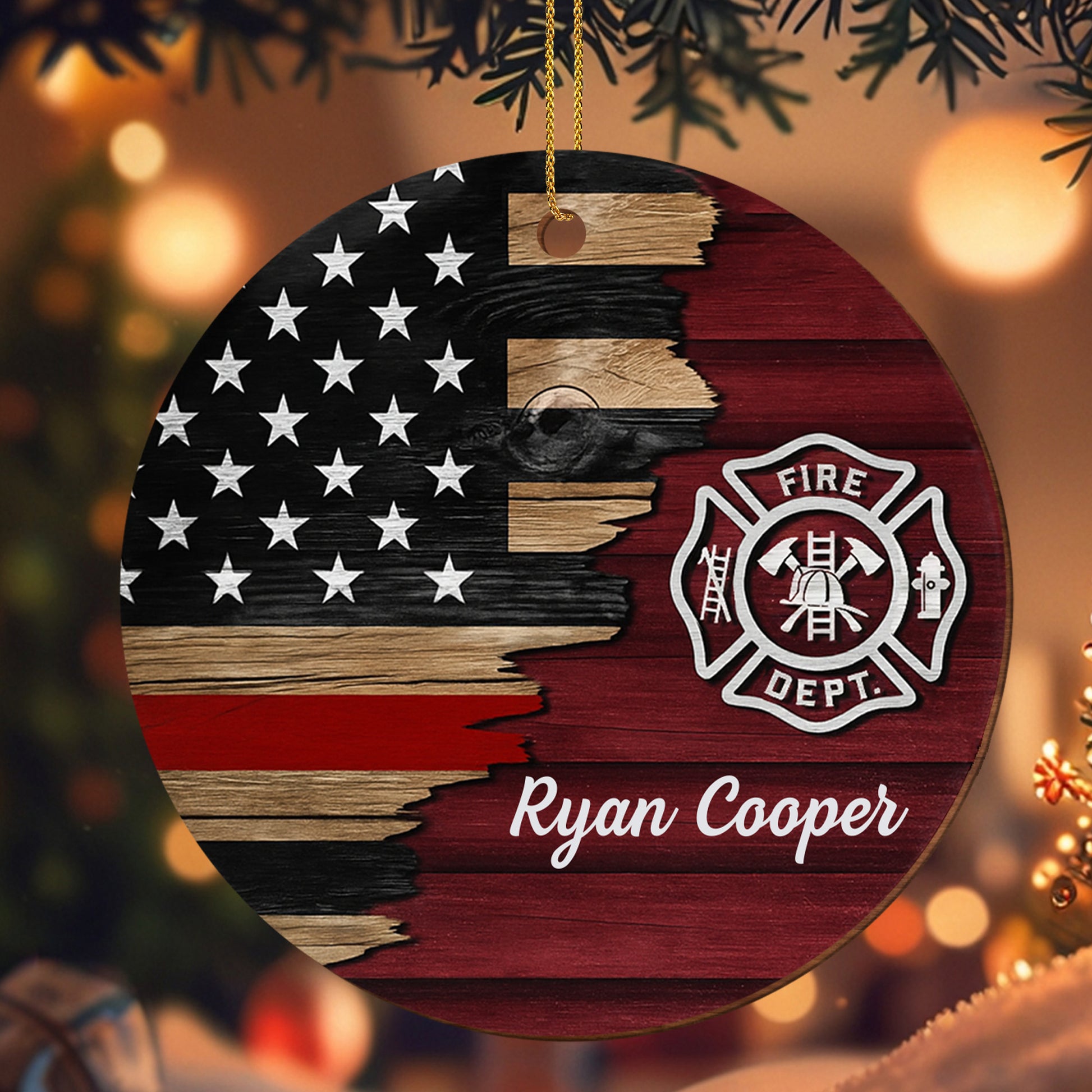 Fire Dept. Custom Wood Ornament Featuring American Flag And Emblem