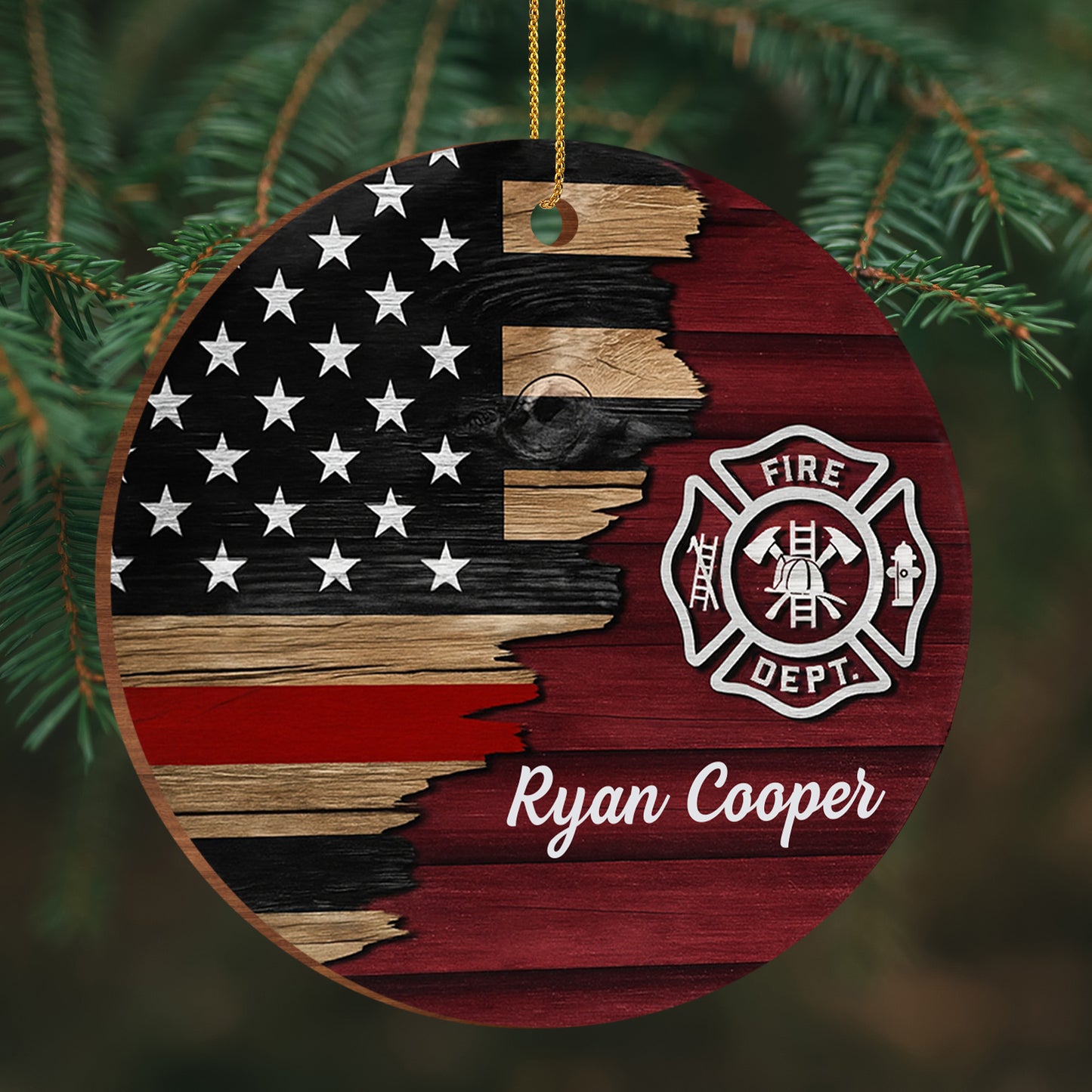 Fire Dept. Custom Wood Ornament Featuring American Flag And Emblem