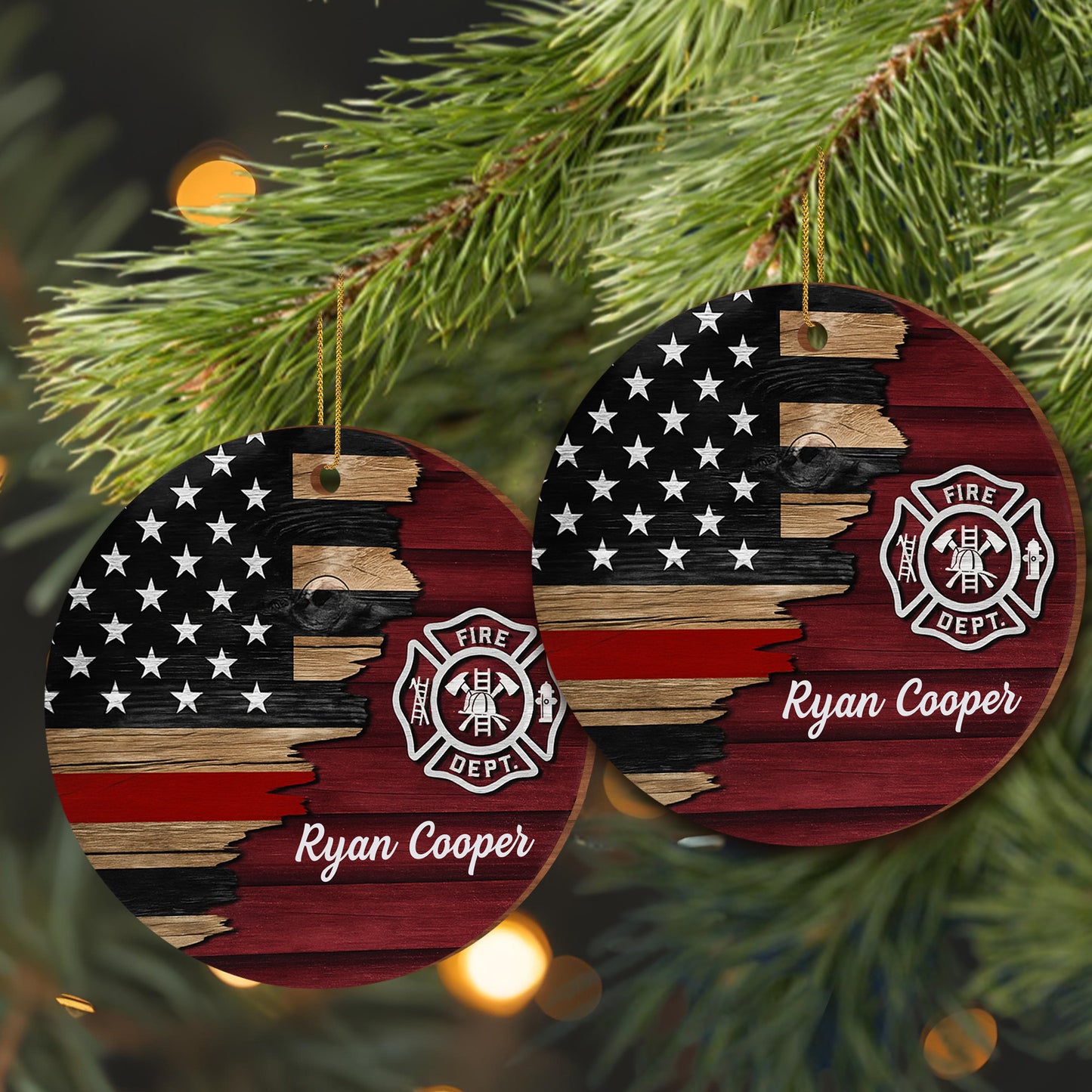 Fire Dept. Custom Wood Ornament Featuring American Flag And Emblem