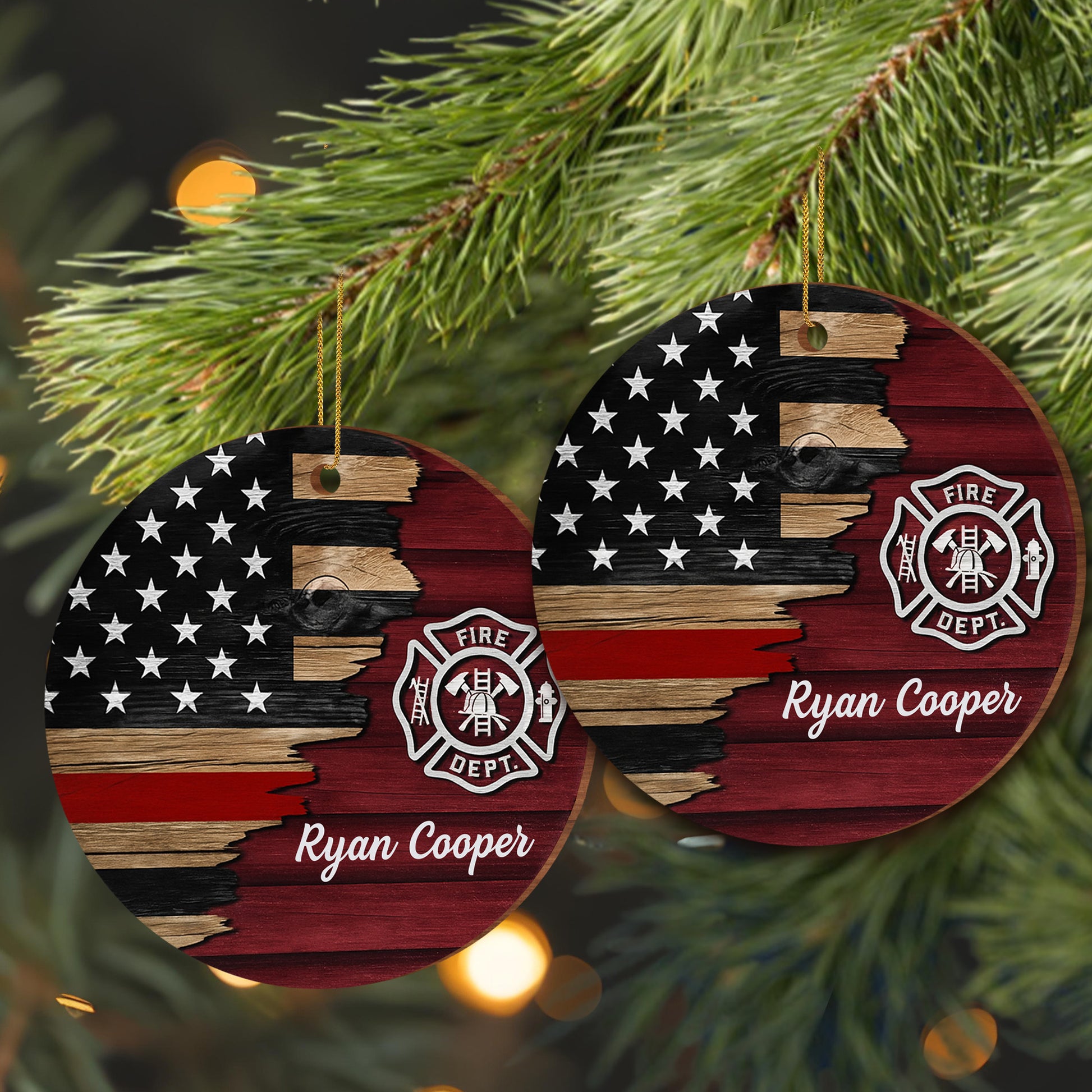 Fire Dept. Custom Wood Ornament Featuring American Flag And Emblem