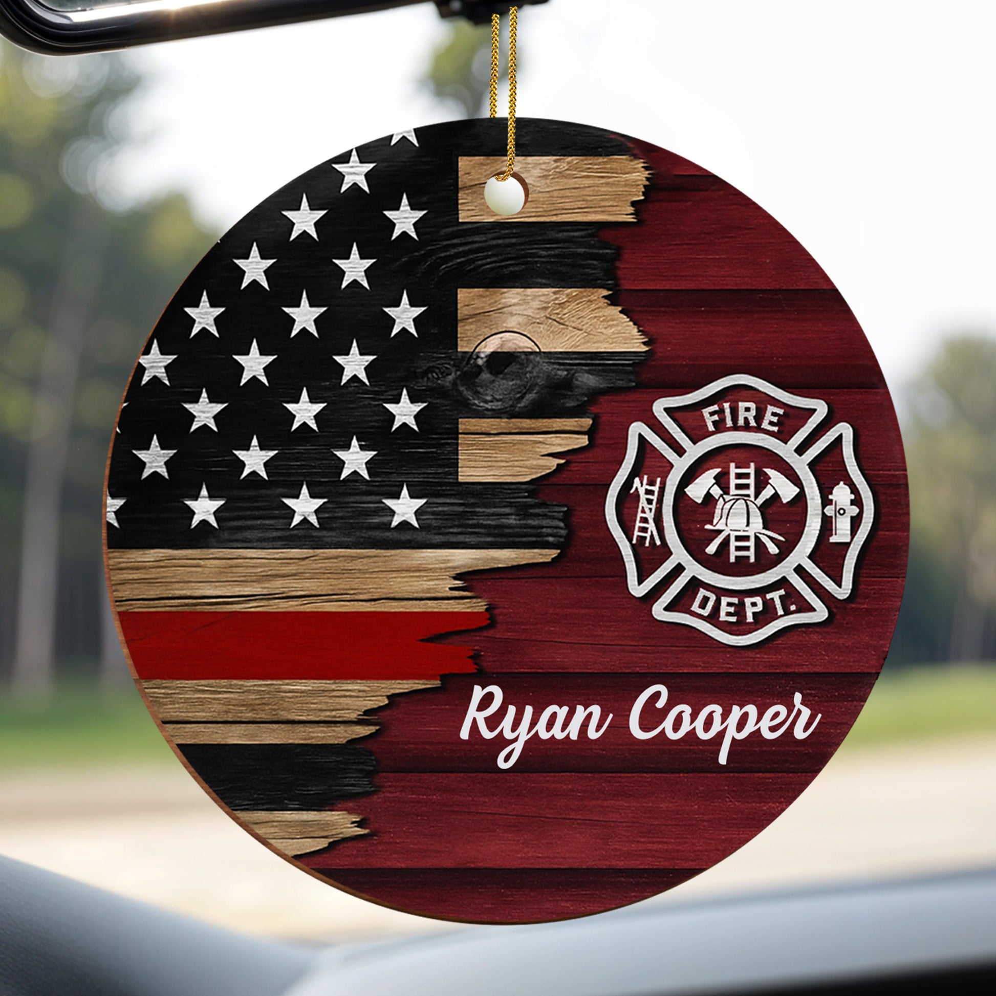 Fire Dept. Custom Wood Ornament Featuring American Flag And Emblem