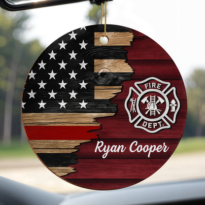 Fire Dept. Custom Wood Ornament Featuring American Flag And Emblem
