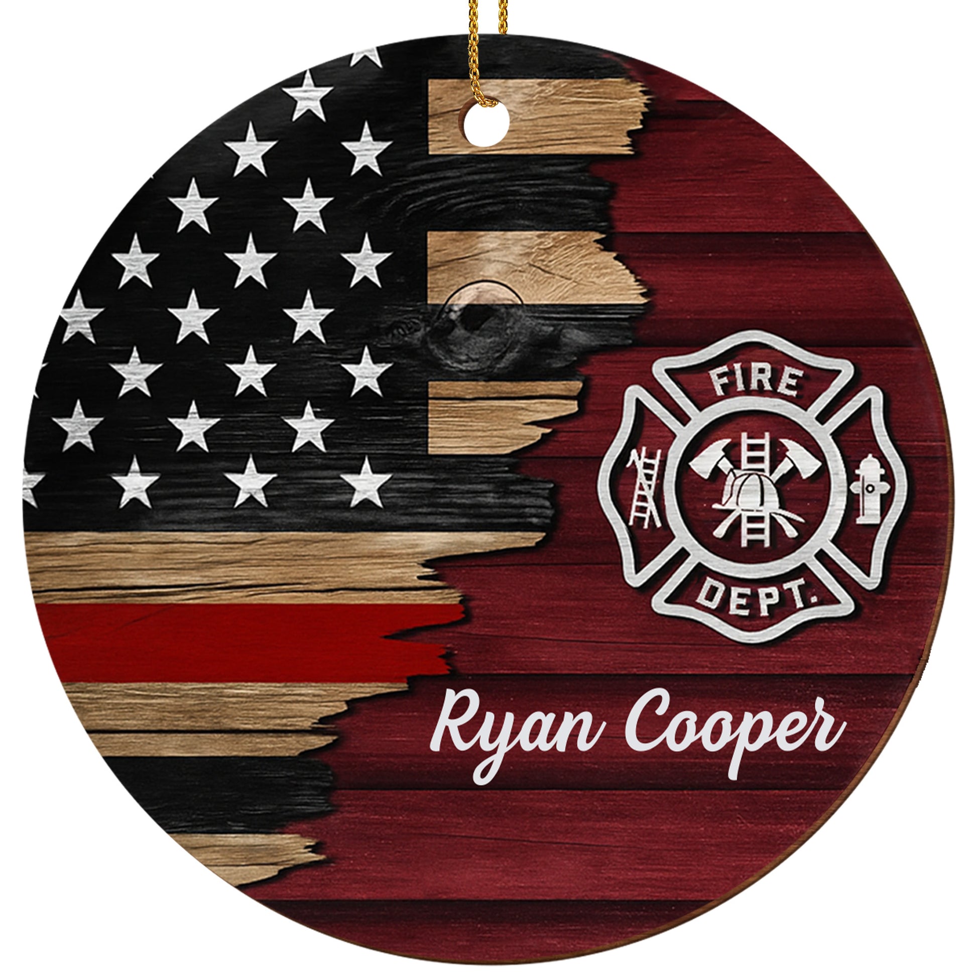 Fire Dept. Custom Wood Ornament Featuring American Flag And Emblem
