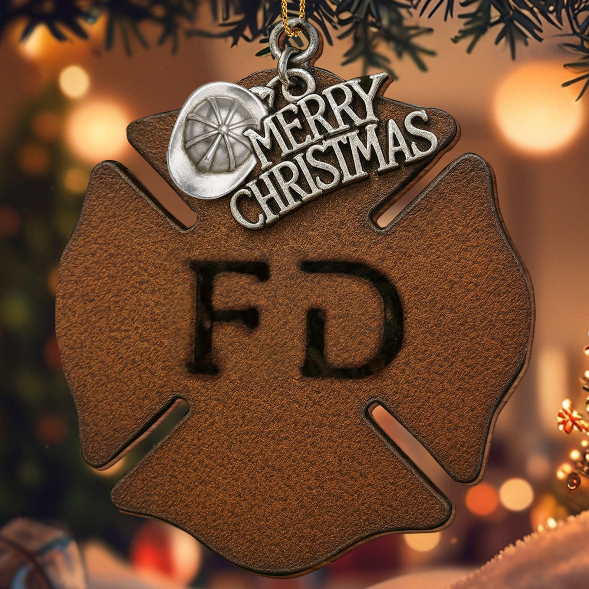 Merry Christmas Firefighter Helmet and Badge Ornament