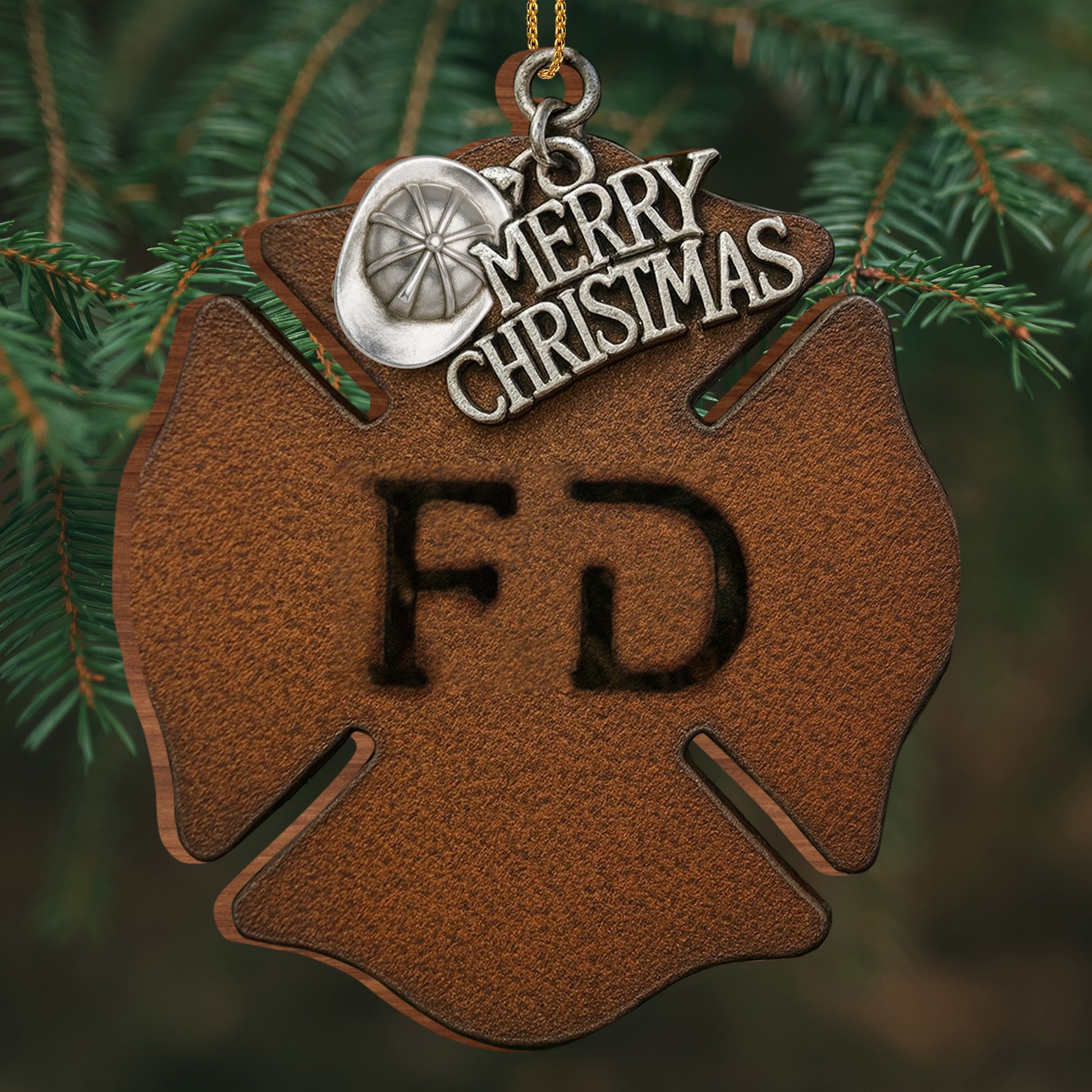Merry Christmas Firefighter Helmet and Badge Ornament