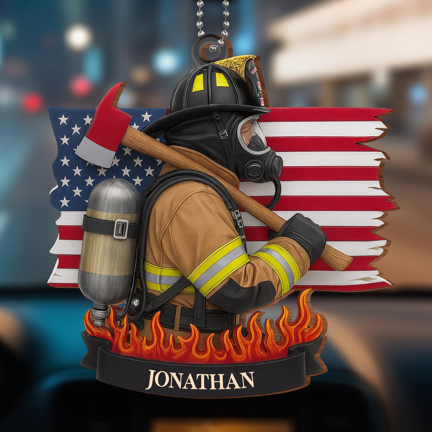 Brave Firefighter With American Flag And Fire Axe