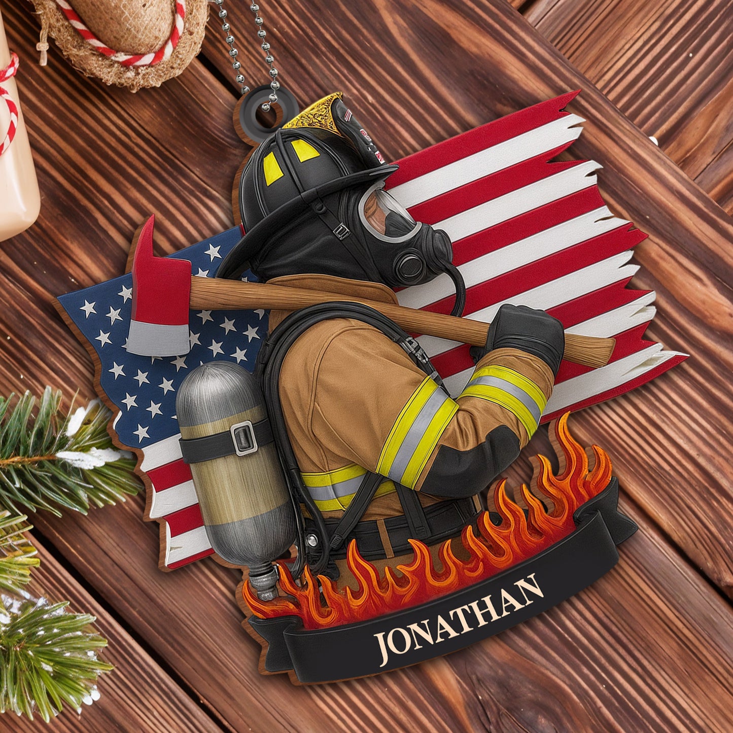 Brave Firefighter With American Flag And Fire Axe