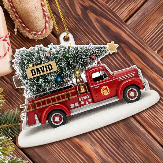 Festive Fire Truck With Christmas Tree Wood Ornament
