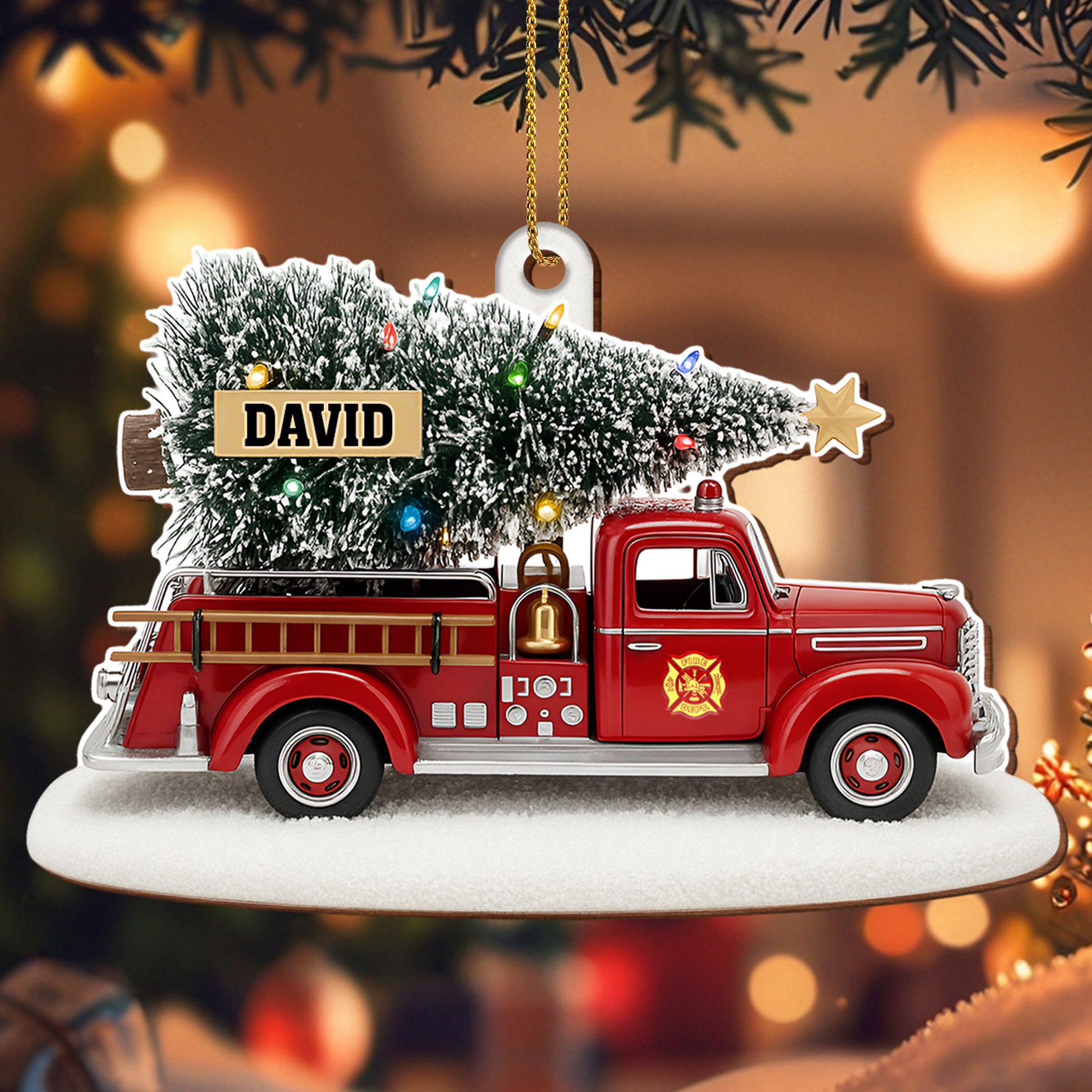 Festive Fire Truck With Christmas Tree Wood Ornament