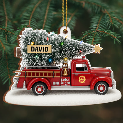 Festive Fire Truck With Christmas Tree Wood Ornament