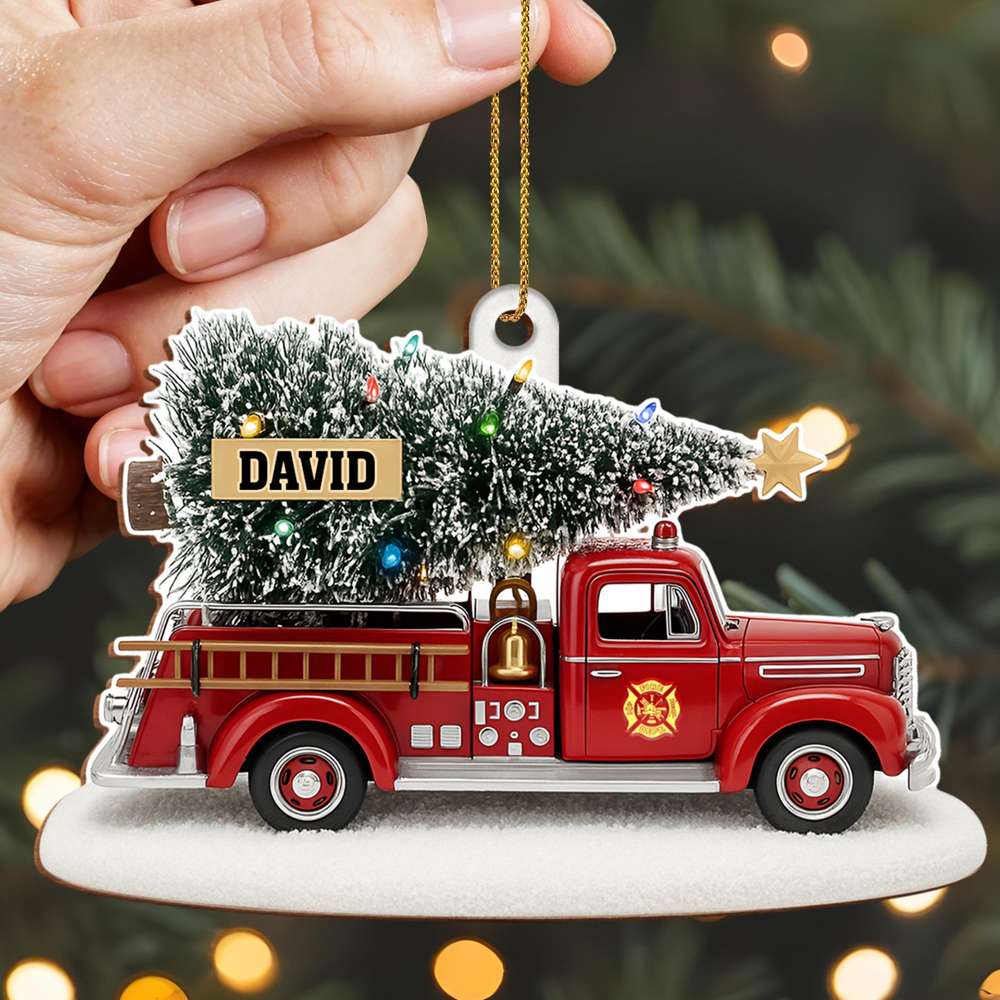 Festive Fire Truck With Christmas Tree Wood Ornament
