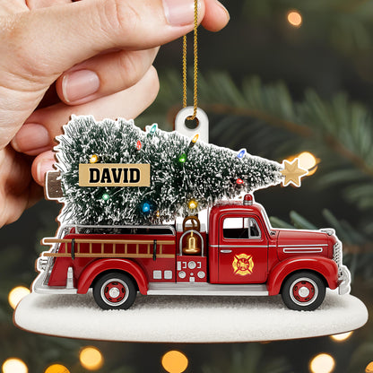 Festive Fire Truck With Christmas Tree Wood Ornament