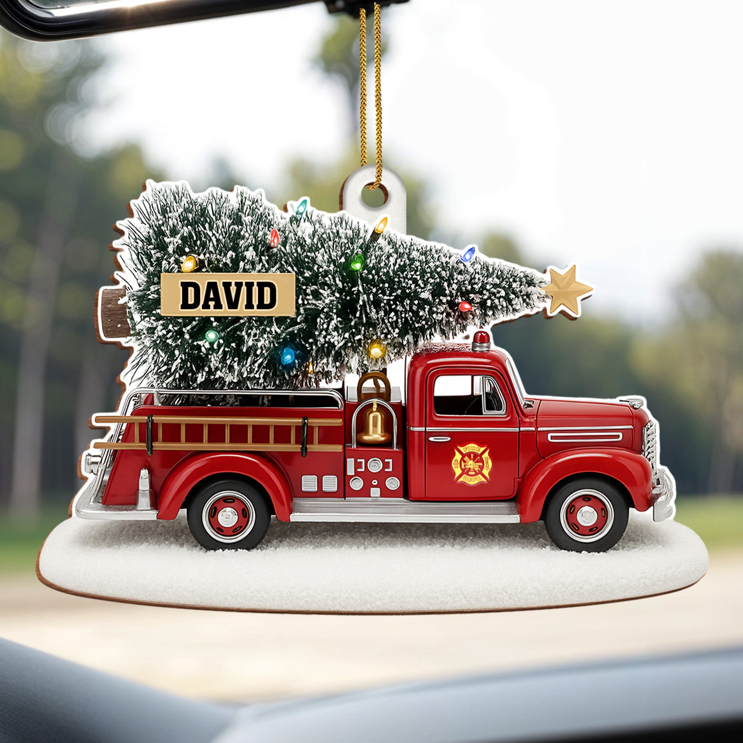 Festive Fire Truck With Christmas Tree Wood Ornament