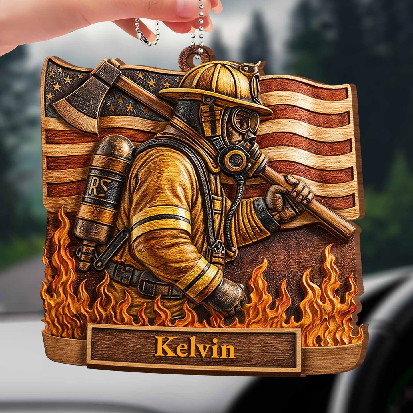 Brave Firefighter With American Flag And Vivid Flames