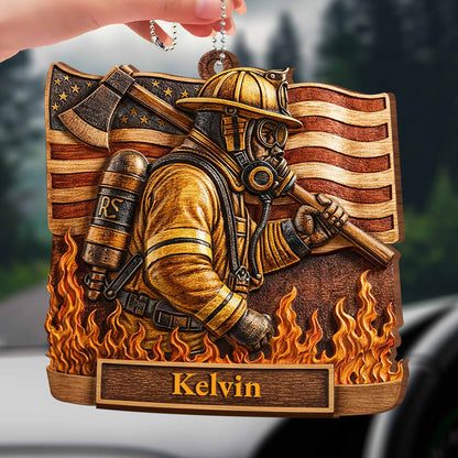 Brave Firefighter With American Flag And Vivid Flames