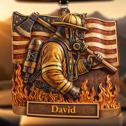 Brave Firefighter With American Flag And Vivid Flames