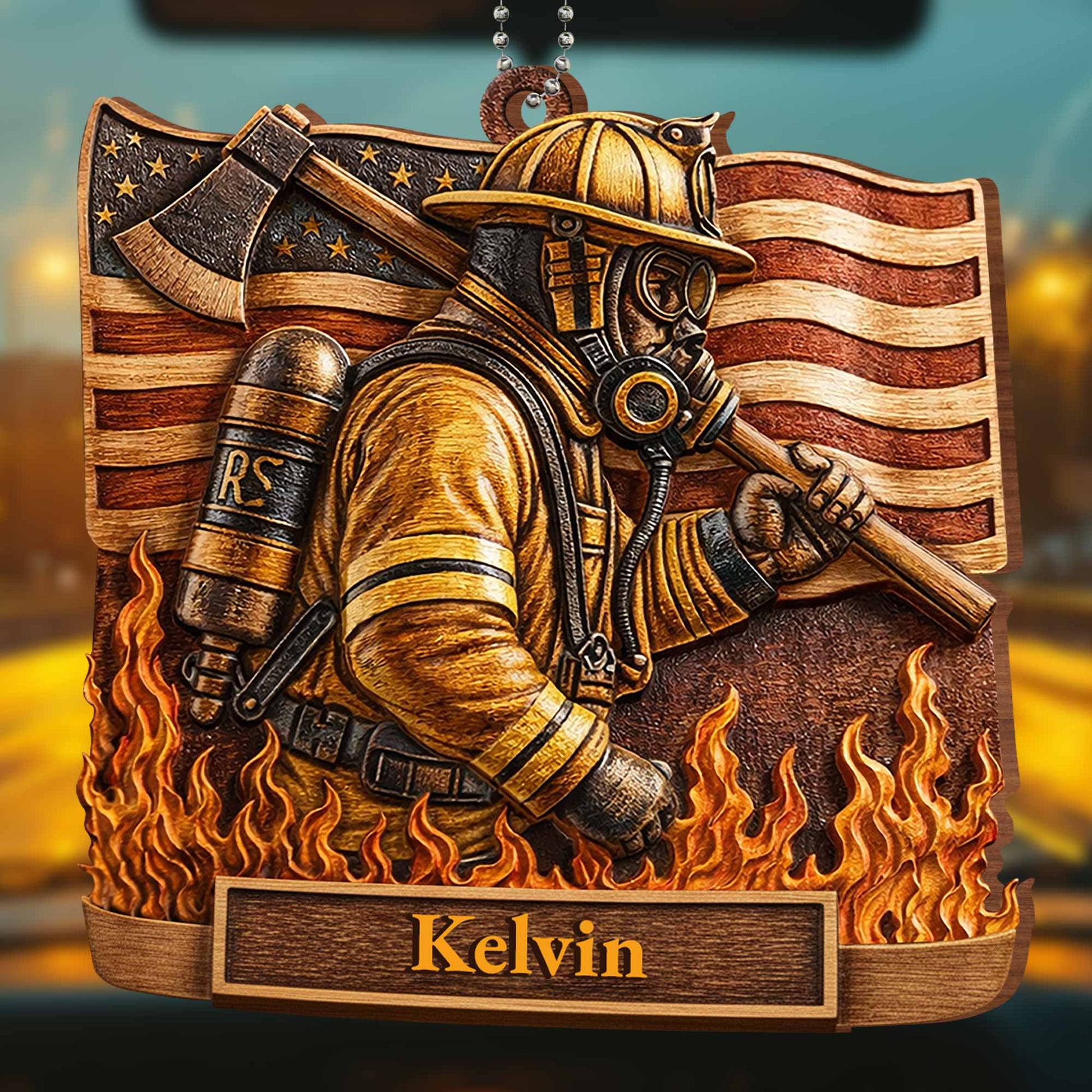 Brave Firefighter With American Flag And Vivid Flames