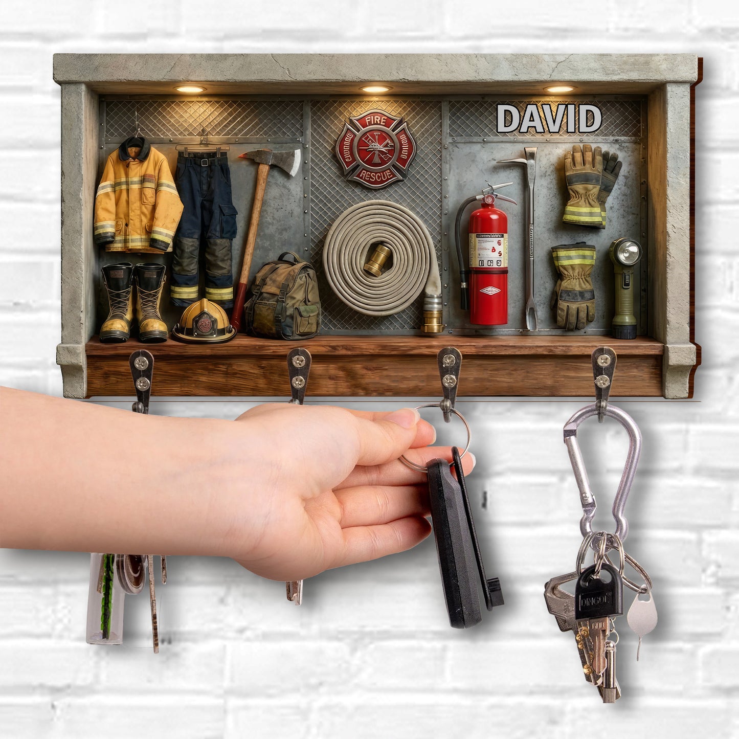 Celebrate Your Personal Hero, Firefighter Gear, Badge, and Extinguisher - Personalized Key Holder - FIF049_KHO