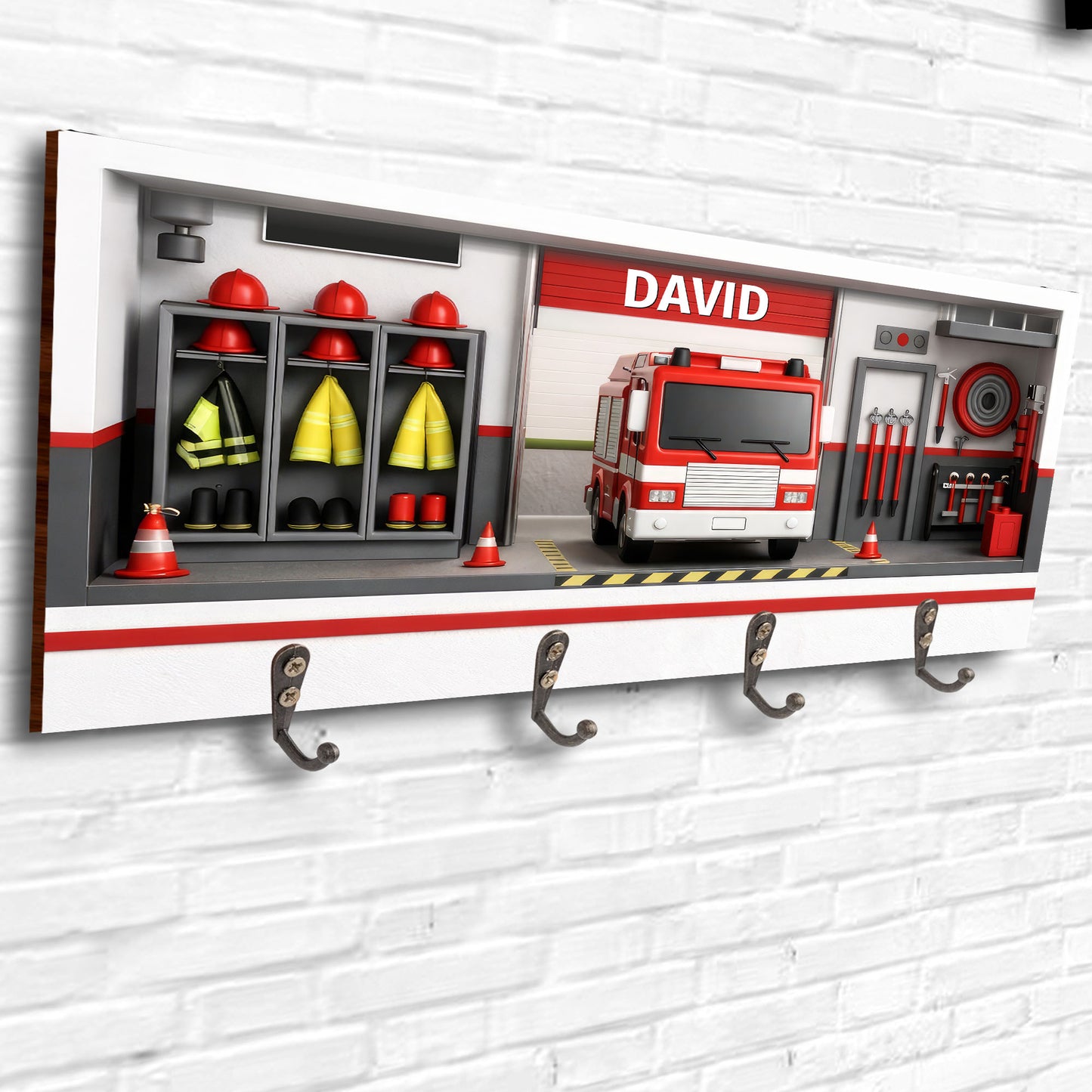 Customizable Firefighter-Themed Fire Truck And Gear - Personalized Key Holder - FIF050_KHO