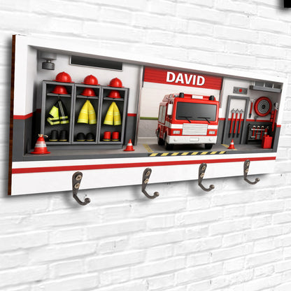 Customizable Firefighter-Themed Fire Truck And Gear - Personalized Key Holder - FIF050_KHO