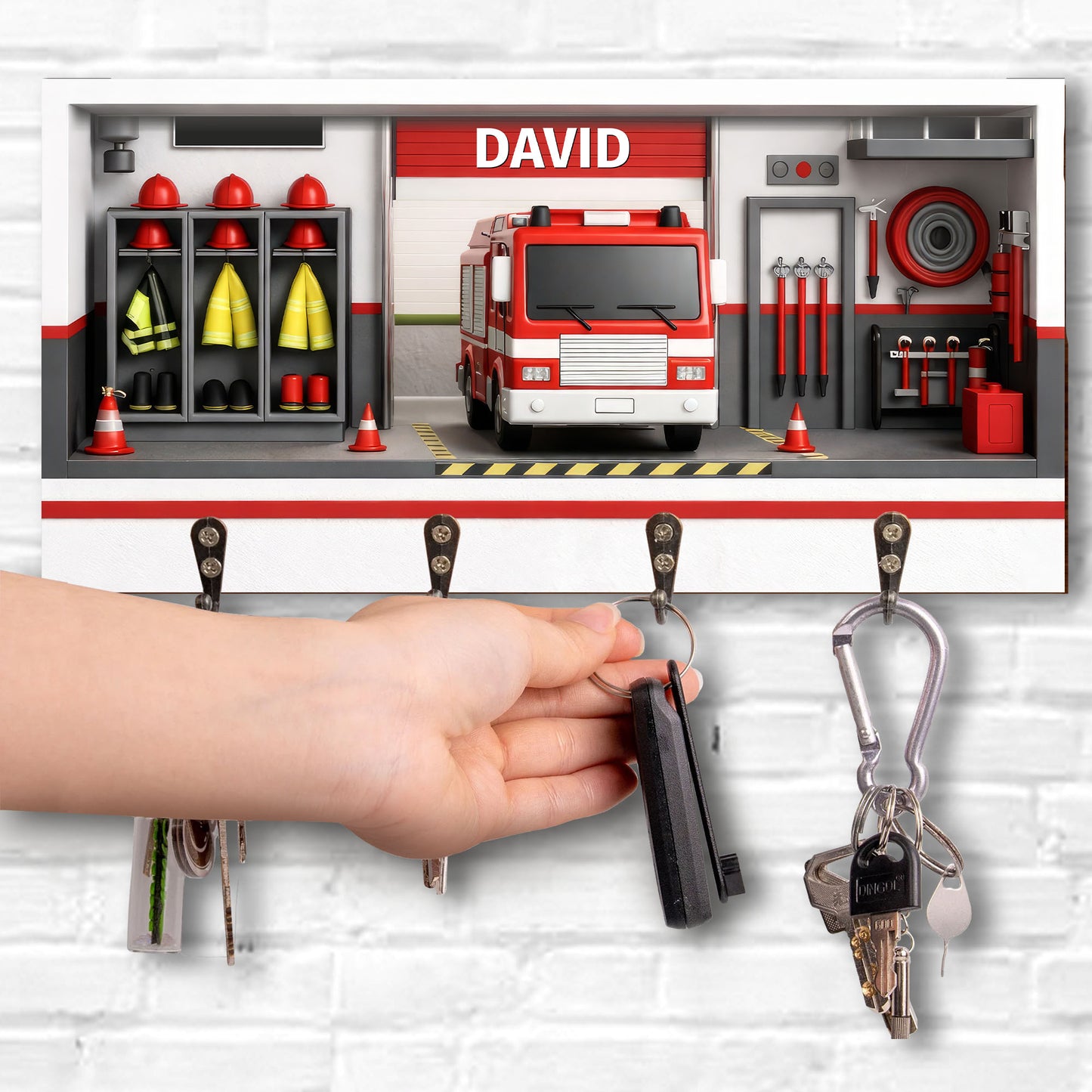 Customizable Firefighter-Themed Fire Truck And Gear - Personalized Key Holder - FIF050_KHO