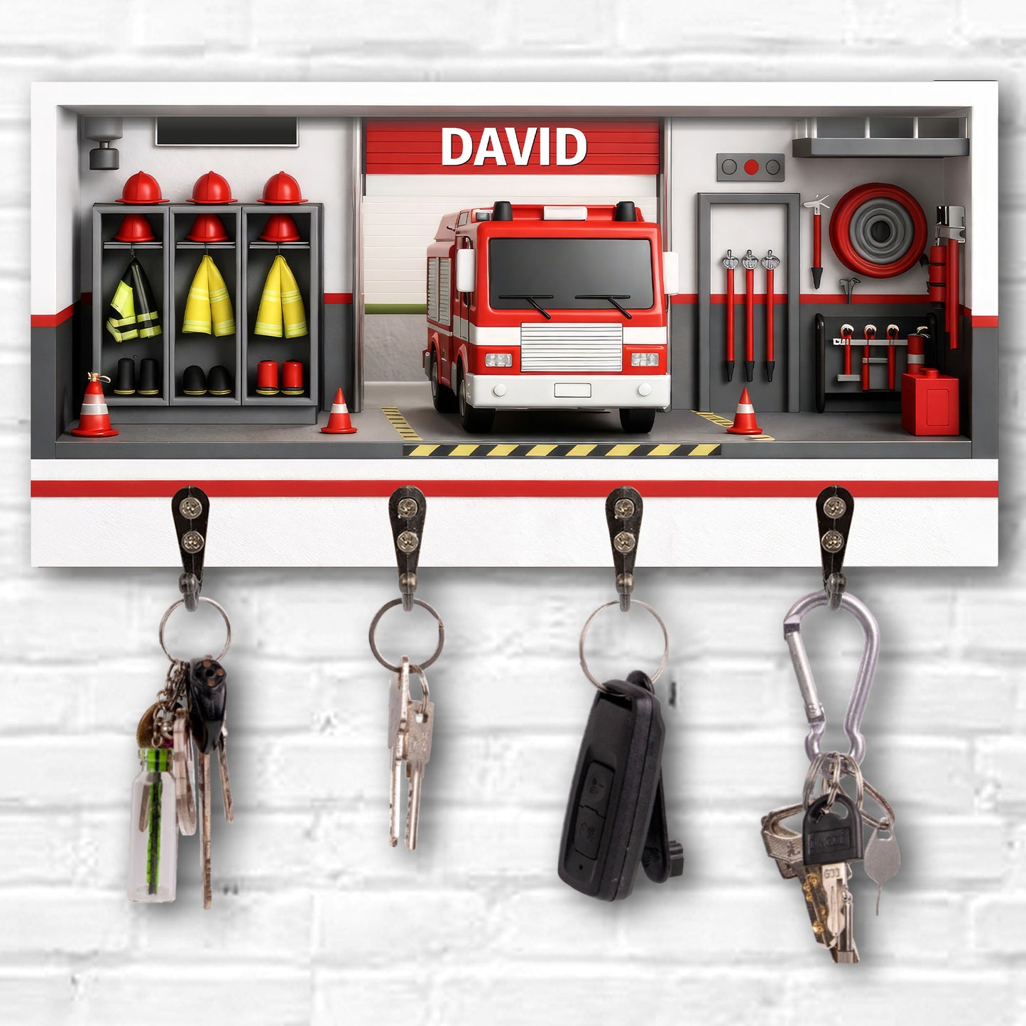 Customizable Firefighter-Themed Fire Truck And Gear - Personalized Key Holder - FIF050_KHO