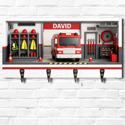 Customizable Firefighter-Themed Fire Truck And Gear - Personalized Key Holder - FIF050_KHO
