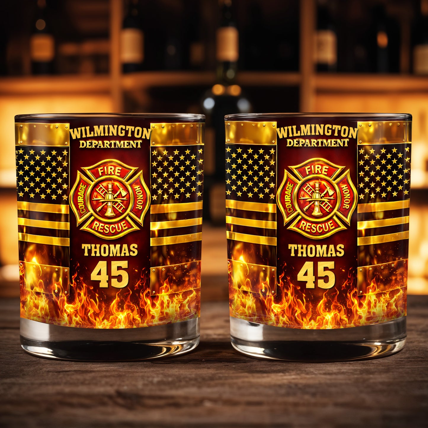 Fire Department Courage Honor Rescue Firefighter Badge And American Flag Stars - Personalized Custom Whiskey Glass - FIF053_RWG