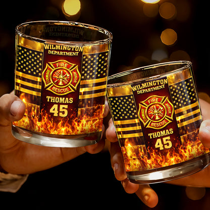 Fire Department Courage Honor Rescue Firefighter Badge And American Flag Stars - Personalized Custom Whiskey Glass - FIF053_RWG