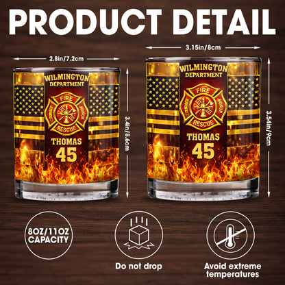 Fire Department Courage Honor Rescue Firefighter Badge And American Flag Stars - Personalized Custom Whiskey Glass - FIF053_RWG