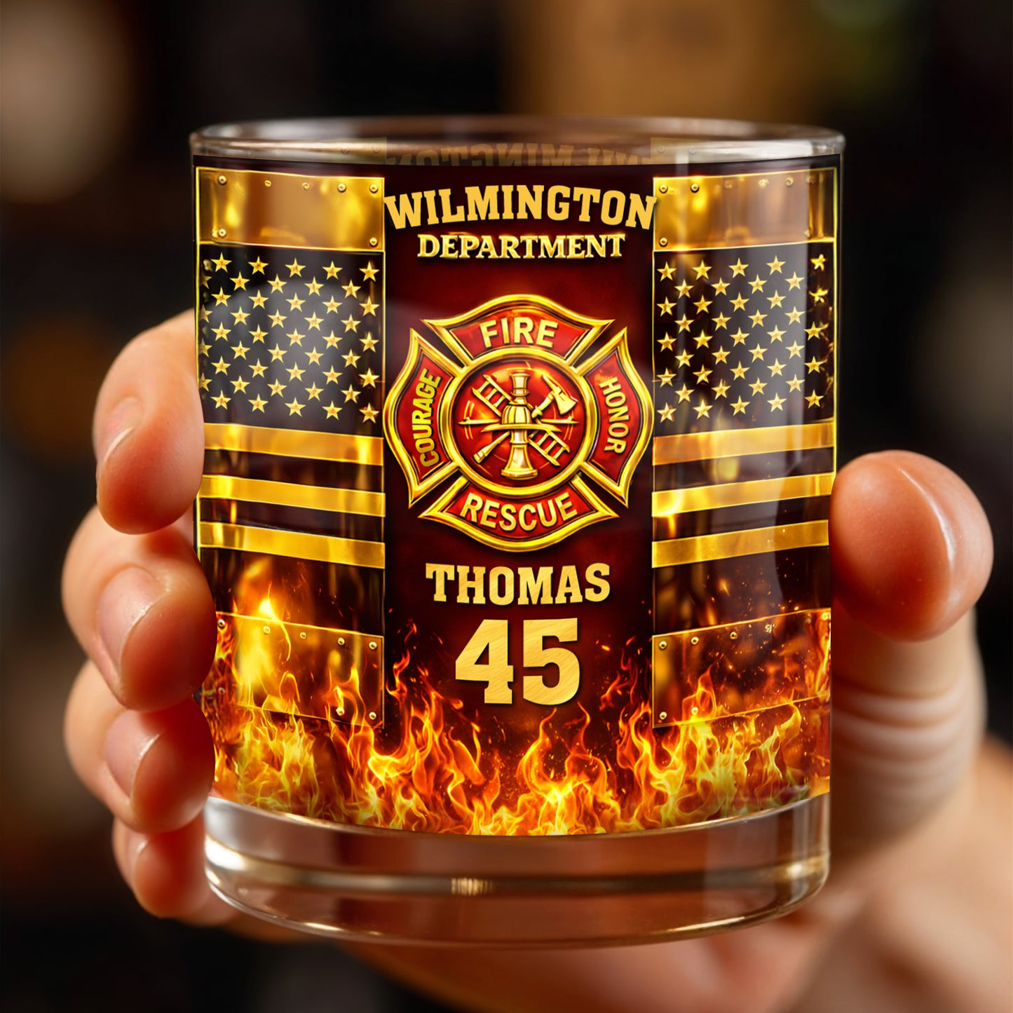 Fire Department Courage Honor Rescue Firefighter Badge And American Flag Stars - Personalized Custom Whiskey Glass - FIF053_RWG