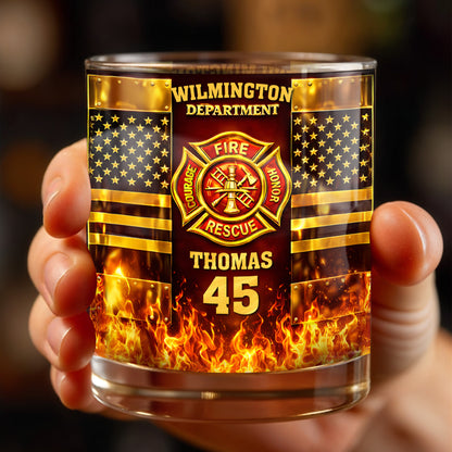 Fire Department Courage Honor Rescue Firefighter Badge And American Flag Stars - Personalized Custom Whiskey Glass - FIF053_RWG