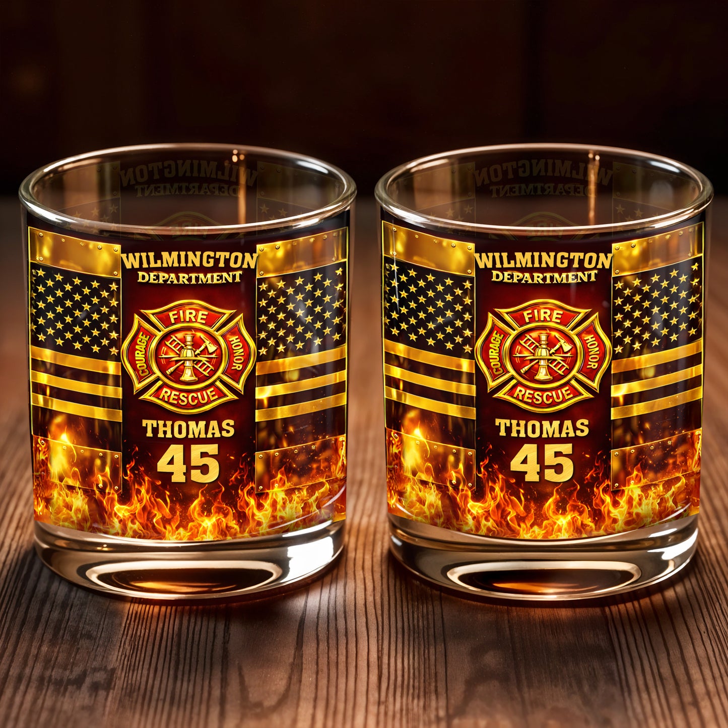 Fire Department Courage Honor Rescue Firefighter Badge And American Flag Stars - Personalized Custom Whiskey Glass - FIF053_RWG