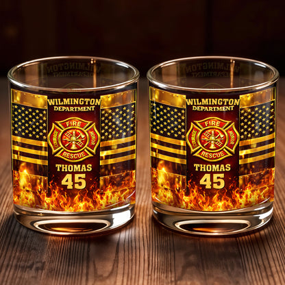 Fire Department Courage Honor Rescue Firefighter Badge And American Flag Stars - Personalized Custom Whiskey Glass - FIF053_RWG