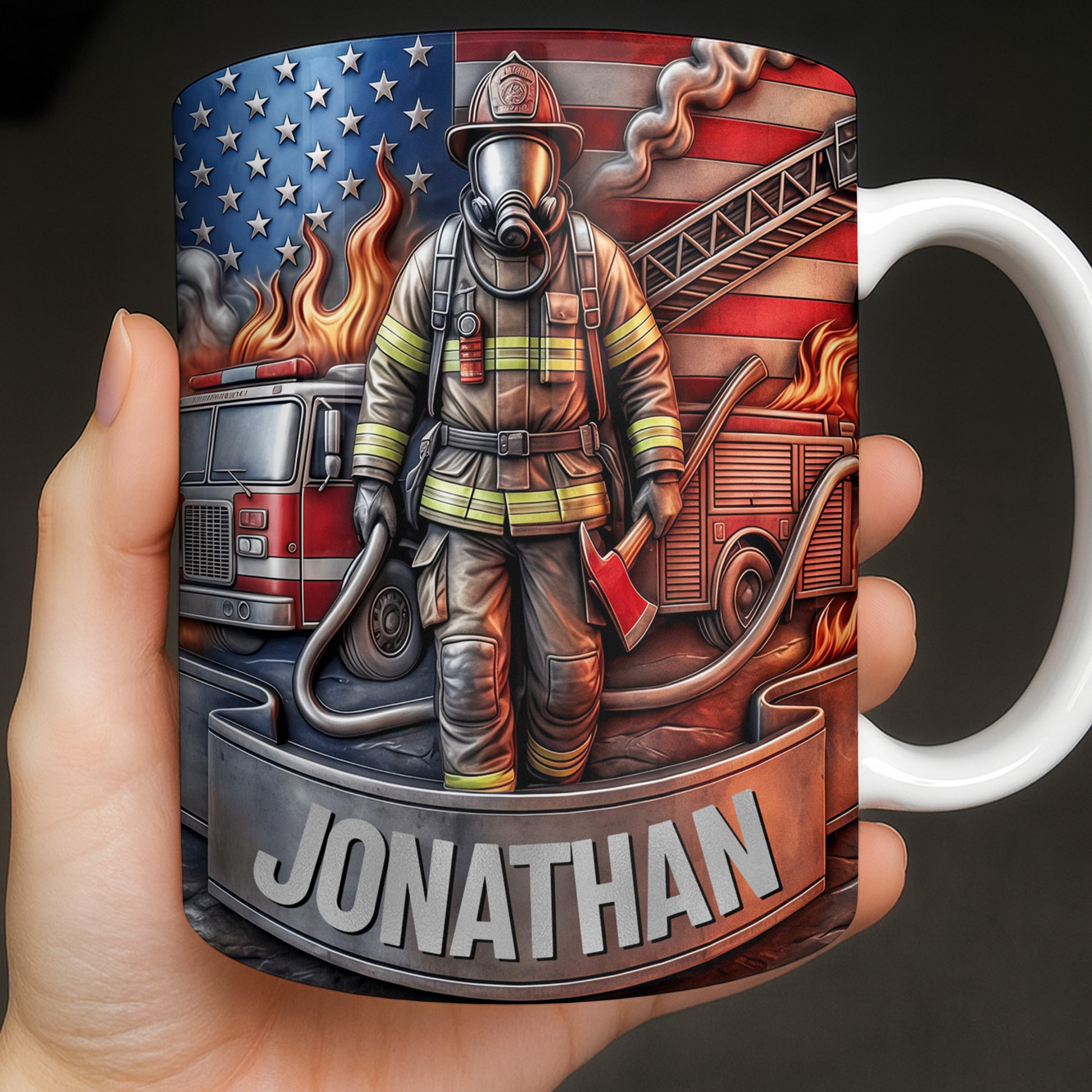 Customizable Firefighter With Fire Truck and American Flag