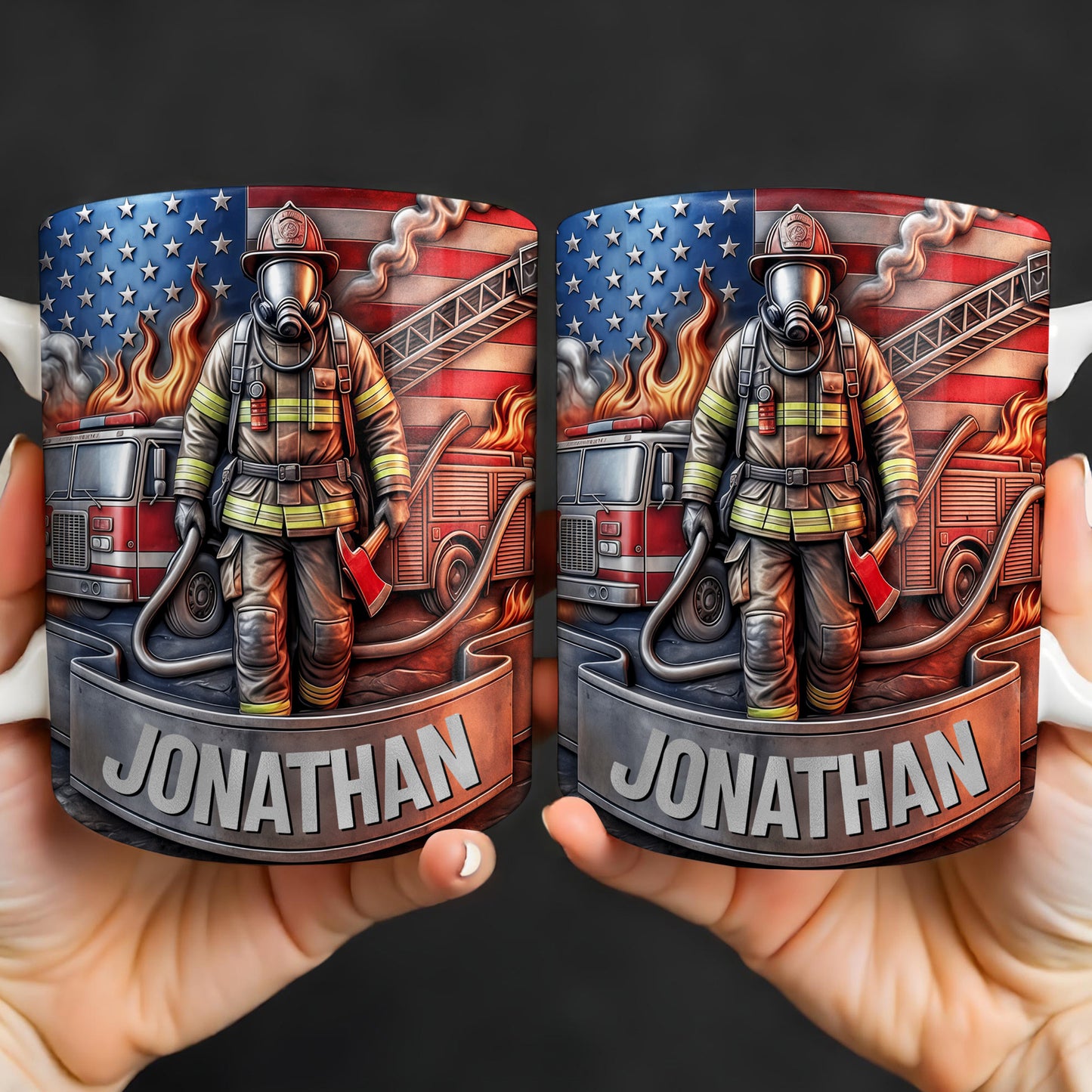 Customizable Firefighter With Fire Truck and American Flag