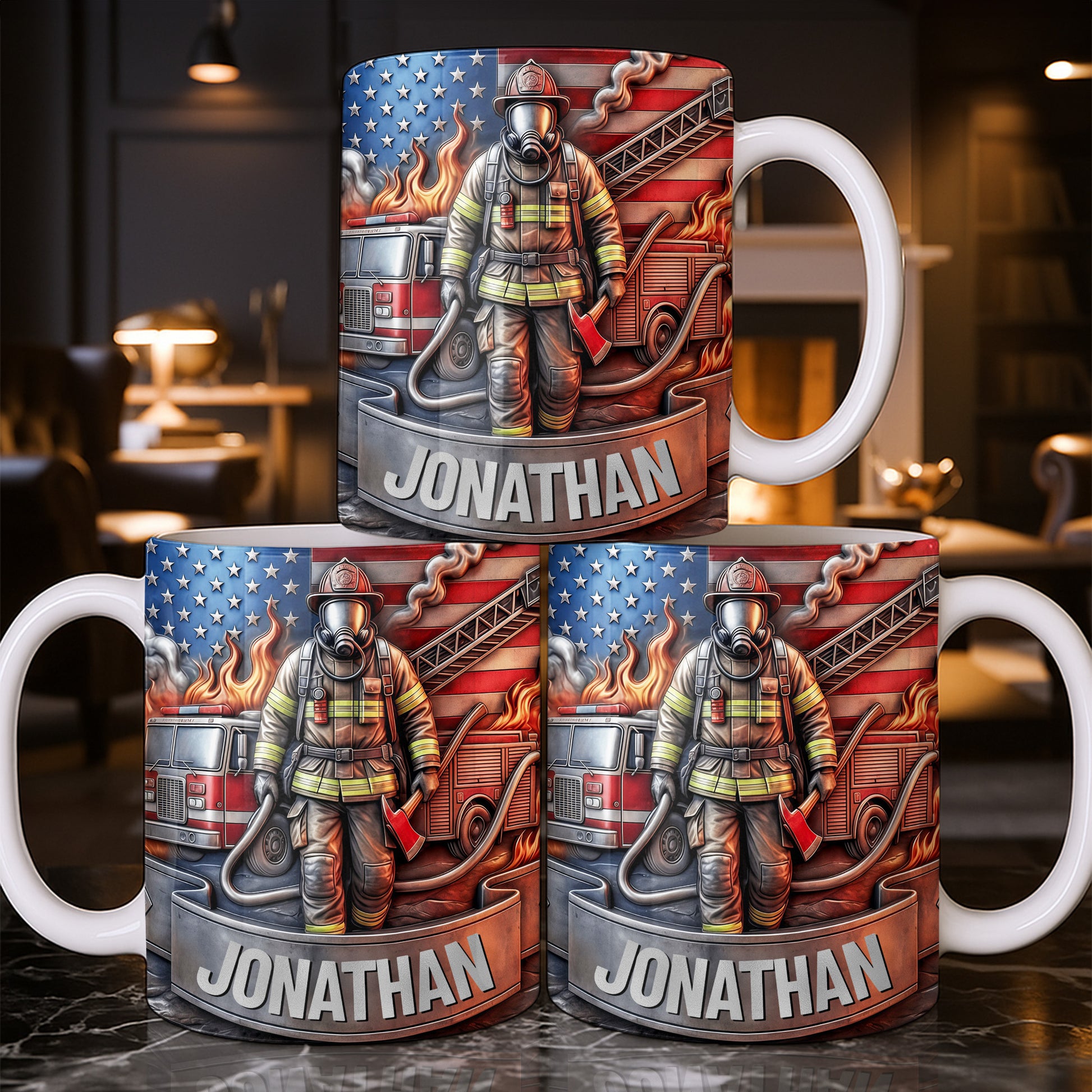 Customizable Firefighter With Fire Truck and American Flag