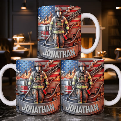 Customizable Firefighter With Fire Truck and American Flag