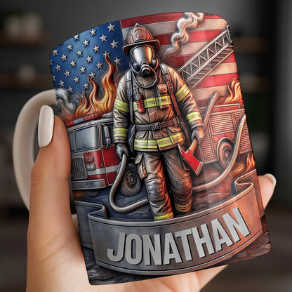 Customizable Firefighter With Fire Truck and American Flag