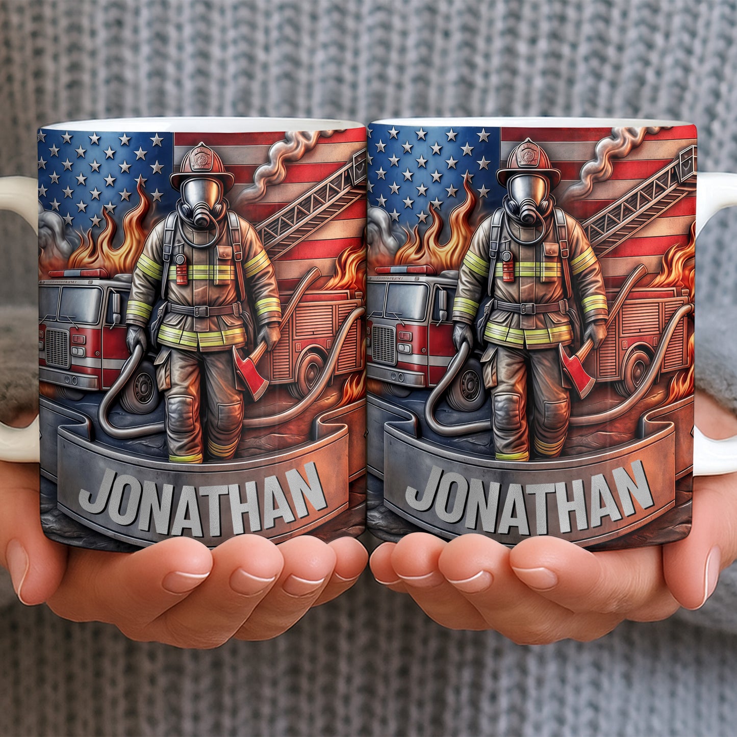 Customizable Firefighter With Fire Truck and American Flag