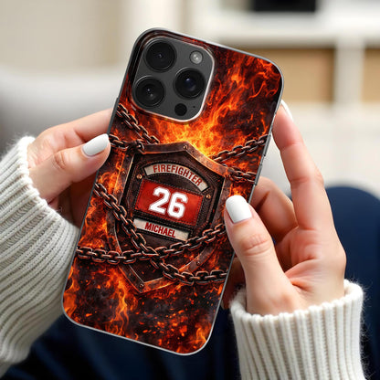 Firefighter Shield With Flames And Metal Chains Design