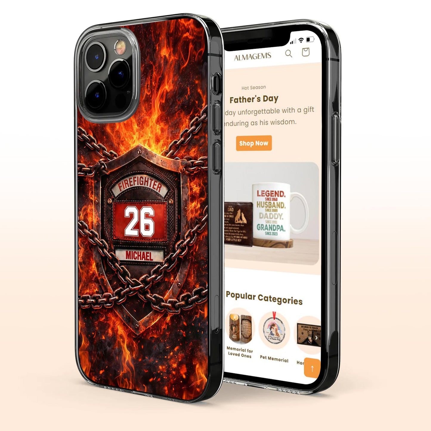 Firefighter Shield With Flames And Metal Chains Design