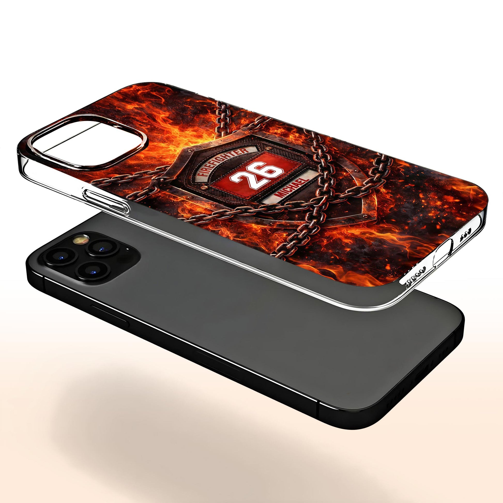 Firefighter Shield With Flames And Metal Chains Design